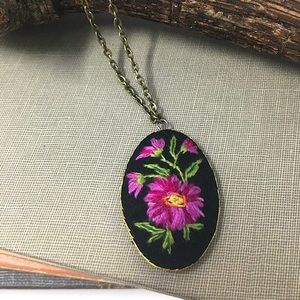 Oval Hand Embroidered Fuchsia Pink Aster Flower Pendant Necklace